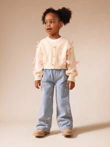 SUMWON Pantalones vaqueros de pierna ancha para niñas con detalles brillantes de estrellas, detalles de mariposa con rhinestones, ajuste relajado de talle alto para otoño e invierno - Lavado ligero - Ver 4