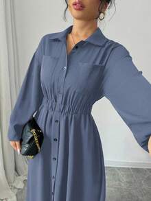 Elenzga Women's Spring/Autumn Solid Color Long Sleeve Single-Breasted Long Casual Shirt Dress Maxi Women Outfit