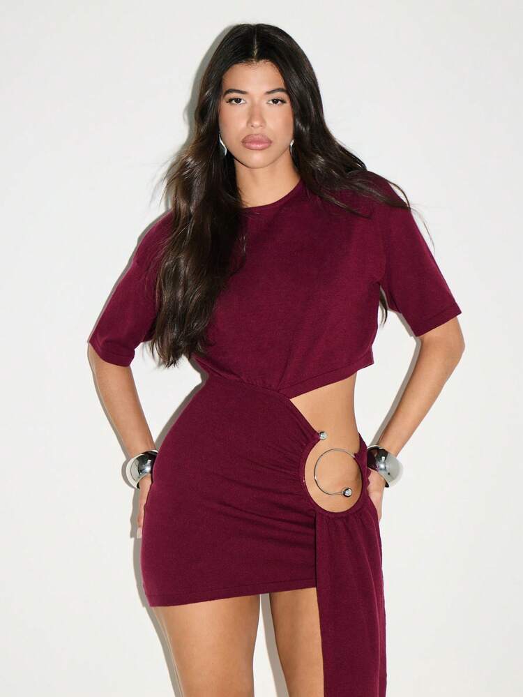 KIZN Knit Mini Dress With Side Drape Hardware Detail
