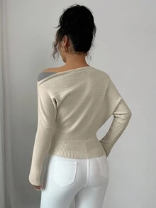 Elenzga Damen Farbblock asymmetrischer Schulter Pullover, eleganter Vintage Stil geeignet für Urlaub und Feiertage, Frühling/Herbst
