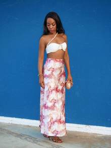 Yess Loren 女士优雅百搭 A 字型中长裙，全身印花，缎面长裙 - 咖啡棕 - 查看 4