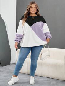 SHEIN CURVE+ 秋冬大码撞色落肩毛绒不对称上衣 - 彩色 - 查看 6