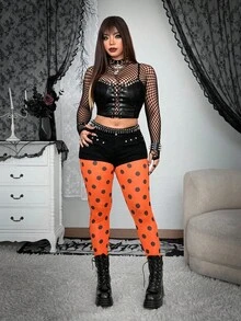 Whyspr Grunge Punk Plus Size Polka Dot Mesh Sheer Elastic Halloween Leggings - Orange - View 3