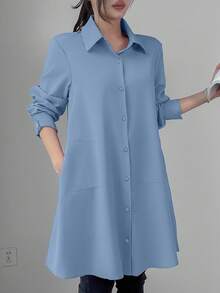 SHEIN LUNE 女式纯色长袖单排扣长款休闲衬衫 - 藍色 - 查看 6