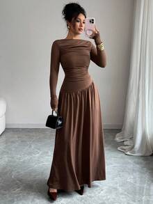 Elenzga Đầm Maxi dài tay dáng chữ A, lưng xếp ly, chất liệu lụa sữa, co giãn trễ vai dành cho nữ, phong cách lãng mạn kiểu Pháp thanh lịch, thích hợp mặc đi làm, thường ngày, dự tiệc, thu đông - màu nâu - Xem 6