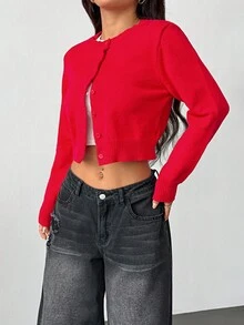 SHEIN PETITE 女士纯色单排扣休闲短款长袖开衫，圣诞新年秋冬季 - 紅色 - 查看 6