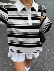 Muchica 休闲简约复古黑白条纹全印花 Polo 领半拉链女式长款 T 恤，适合秋冬季、复古、性感、可爱、Y2K、椰子女孩、波西米亚风、嬉皮士、音乐节 - 彩色 - 查看 6