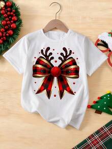 Christmas Deer Plaid Bow Graphic Print Basic Short Sleeve T-Shirt ...