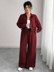 Elenzga 大码女式法式浪漫西西里优雅休闲通勤度假纯棕色衬衫领隐形门襟松紧下摆长袖衬衫 + 松紧腰工装裤套装，春/秋/冬 - 紫紅色 - 查看 6