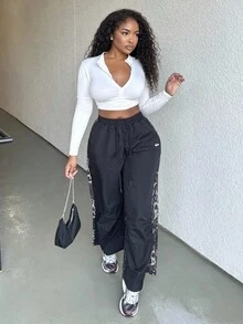 Alexandranx Spring And Summer Turtleneck Half-Zip Short White Long-Sleeved T-Shirt - White - View 4