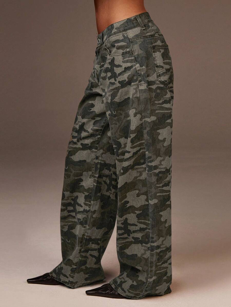 Athîral Women's Green Camo Wide-Leg Jeans | Durable Twill Woven Denim, Structured Yet Smooth Feel, Relaxed Straight Cut, High-Waist With Classic Five-Pocket Design, Zip Fly & Belt Loops, All-Over Camouflage Print, Timeless Utility Details, Versatile Street Style & Capsule Wardrobe Basic For Spring, Fall & Everyday Social Scenes - Army Green - View 1