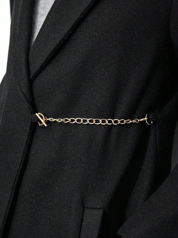 SHEIN Maija Women's Solid Color Pocket Metal Chain Decor Elegant Long Sleeve Overcoat Winter Casual For Women Black