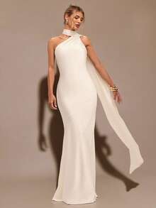 SHEIN BAE 杏色性感极简缎面不对称单肩镂空露背系带连衣裙，适合派对、酒会、正式场合、伴娘服、生日迷你连衣裙 - 杏色 - 查看 7