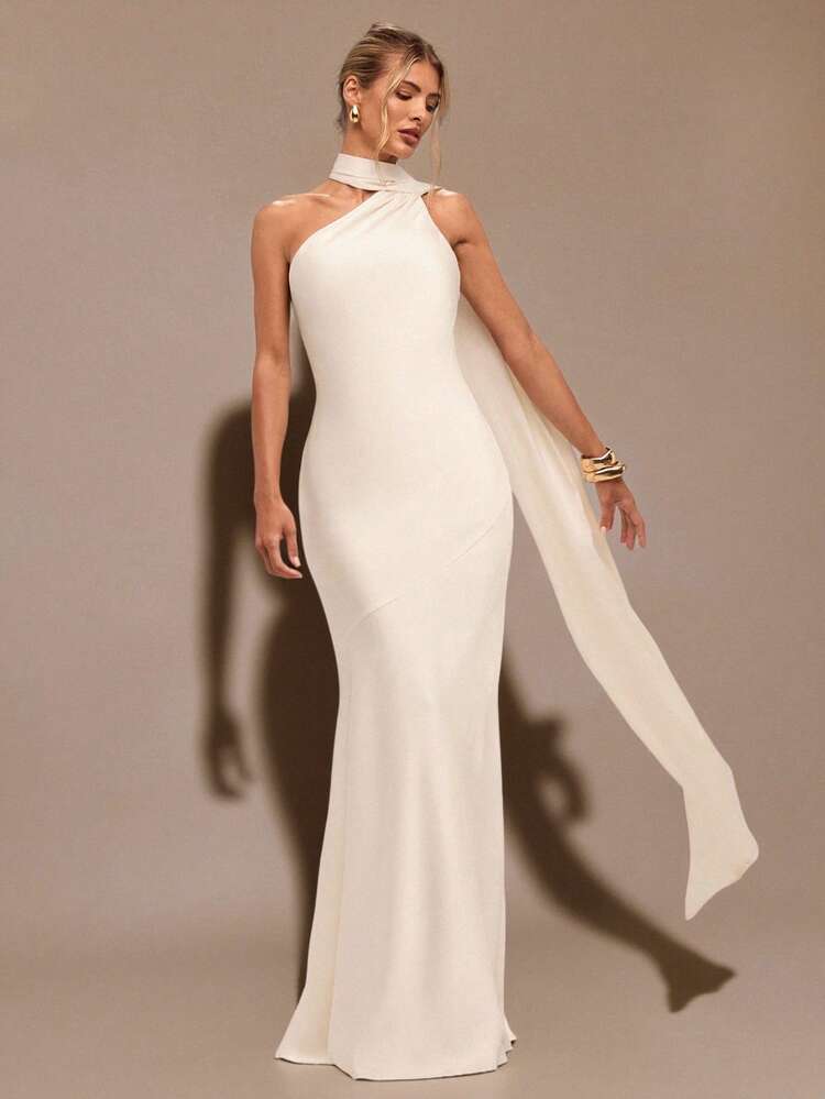 SHEIN BAE Vestido Assimétrico de Ombro Único Sexy e Minimalista de Cetim Cor de Damasco, com Costas Vazadas e Amarração, Adequado para Festa, Festa de Coquetel, Ocasiões Formais, Vestido de Dama de Honra, Mini Vestido de Aniversário - Damasco - Visão 7