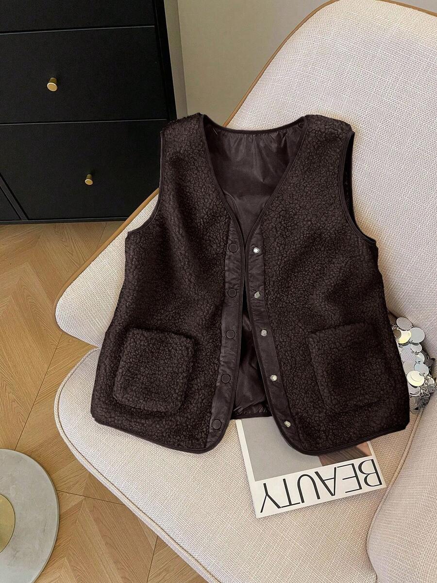 Resyla Women's Solid Color Minimalist Design Sleeveless Pocket Short Jacket, Versatile For Autumn/Winter - Brown - View 1