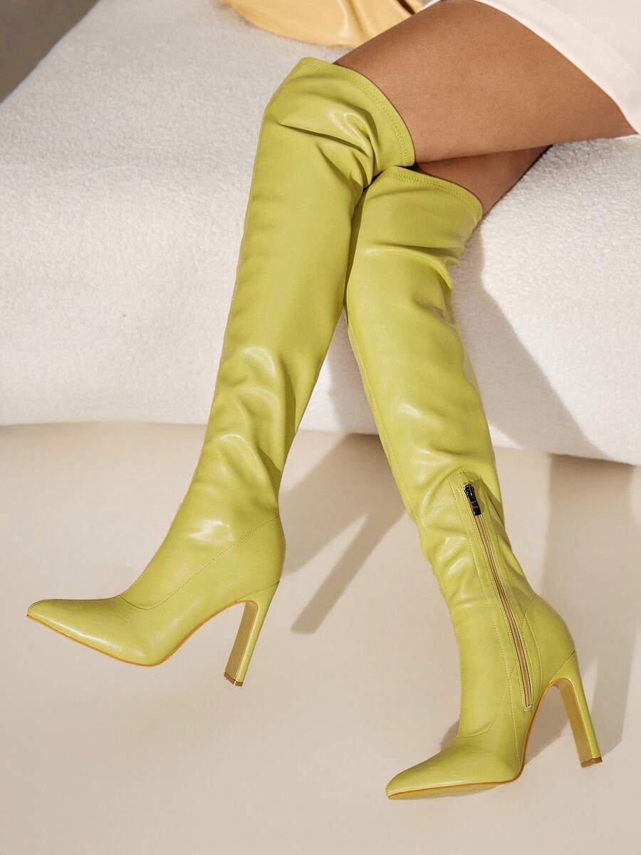 Daringsoles 尖头粗跟侧拉链黑色过膝靴,弹性派对紧身冬季正式性感女靴 - 芥末黃 - 查看 1
