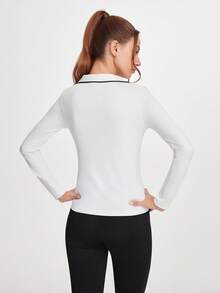 SHEIN Sports 女式撞色饰边休闲长袖运动 Polo 衫 - 黑與白 - 查看 4