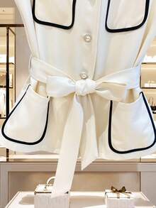 GlowEve Damen Lässig Pendler Rundhals Perlknopf Dekor Tasche Kontrastfarbe Ärmellos Regular Jacke, Herbst/Winter