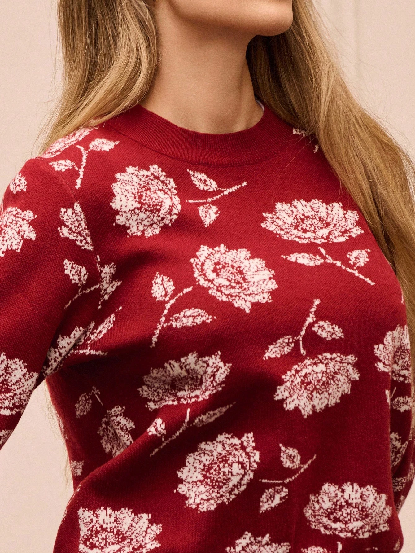 Pull à manches longues en jacquard à imprimé floral lâche texturé. Style printanier, de sortie, de fête du Nouvel An, à la française, parisien, pour femmes au printemps et en été