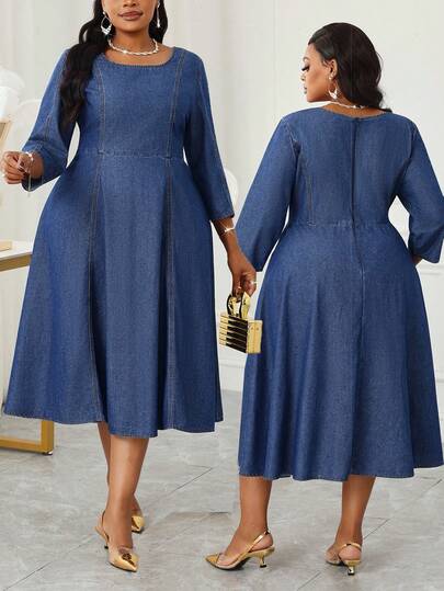 SHEIN Lady 大码休闲水洗收腰牛仔连衣裙，秋季女装冬装女装秋季连衣裙女装万圣节服装女装圣诞女装新年长款派对连衣裙女士休闲连衣裙休闲长裙