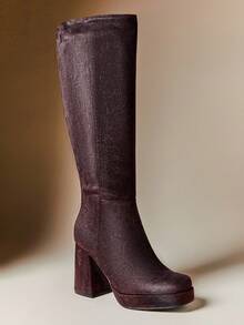 SHUZIA Women's Glamorous Comfortable Faux Suede Square Toe Platform Knee-High Boots With Inner Zipper - Brown - View 5