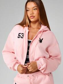 Missguided x Playboy 蕾丝贴花超大短款全拉链连帽运动衫阔腿家居服冬季秋季休闲经典时尚宣言 - 粉色 - 查看 5