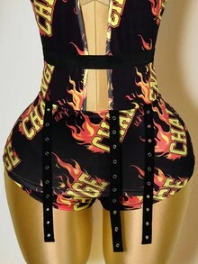 Mistrie 女式性感深 V 领字母火焰印花连体衣 - 黑色 - 查看 6