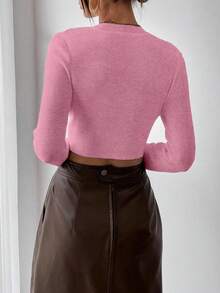 EMERY ROSE Women's Casual Chic Elegant Everyday Date Commute Minimalist Solid Color Fitted Cropped Pullover Sweater, Spring Pink - Pink - View 2
