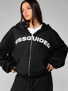 MISSGUIDED Felpa con cappuccio oversize con chiusura lampo completa, abbigliamento casual da strada classico, con coulisse in vita, per l'inverno e l'autunno, comoda tuta da casa, con logo frontale