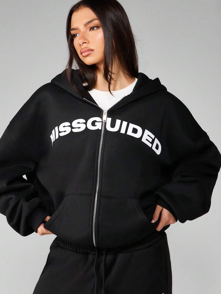 MISSGUIDED Sudadera con capucha con cremallera completa oversize, estilo urbano clásico casual con cordón en la cintura, ropa de estar en casa cómoda para invierno y otoño con logo frontal