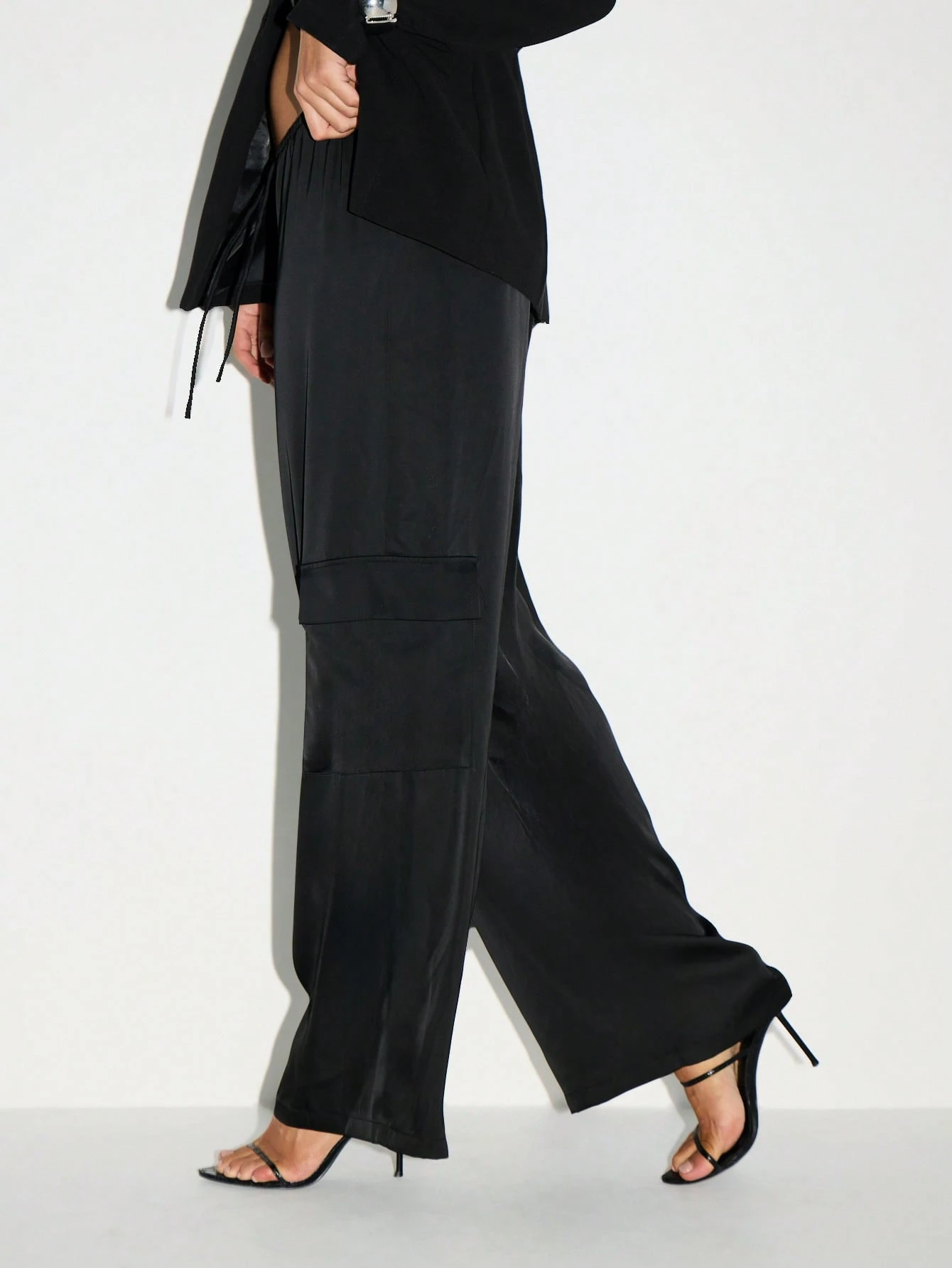 KIZN Satin Wide Leg Cargo Pants With Side Pockets