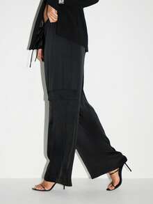 KIZN 奢华高腰阔腿缎面工装裤，带实用口袋，时尚休闲裤，秋冬晚装长裤 - 黑色 - 查看 3