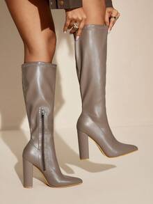 Daringsoles 尖头粗高跟秋冬靴，弹力紧身黑色侧拉链性感女式过膝靴，PU 皮革高筒靴 - 灰色 - 查看 3