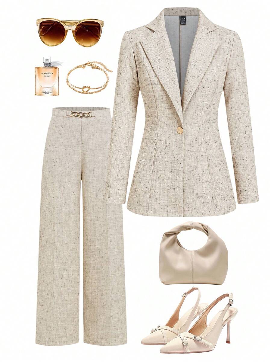 Ellevyn Women's Elegant Business Blazer Jacket, Versatile For Commuting, With Lining, Autumn/Winter Business Casual Women Set Business Casual Woman Teacher Outfits For Women Fall Women Clothes Fall Clothes For Women Business Casual Outfits Women Women's Formal Wear, - Khaki - View 1