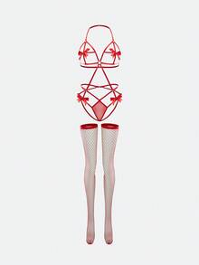 Exotic-Bondage 情人节性感蝴蝶结镂空连体袜配渔网袜3件套