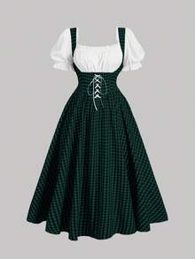 SHEIN MOD Plus Size Vintage Green Plaid Patchwork Dress For Women, Spring - Green - View 1