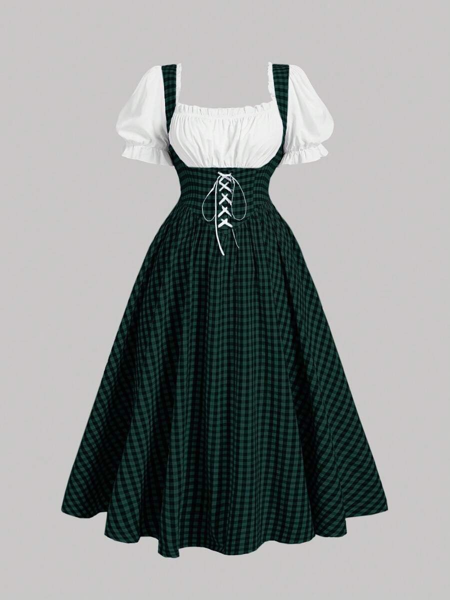 SHEIN MOD Plus Size Vintage Green Plaid Patchwork Dress For Women, Spring - Green - View 1