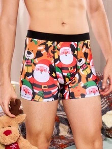 Weihnachtliche Boxershorts mit witzigem, cartoonhaftem Muster von Weihnachtsmann, Geschenkbox, Zuckerstange, Glocke, Schneeflocke, Schneemann, für Familienpartys