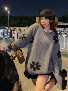 DAZY 少女休闲碎花圆领落肩毛衣，秋冬季