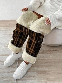 Chiquease 女式休闲条纹印花松紧腰保暖直筒裤，秋冬