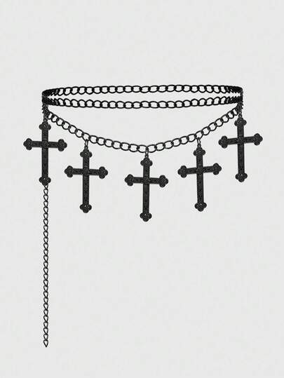 Goth 1pc Women Gothic Style Cross Decor Chain, Silver & Black Color, Versatile Accessory For Dresses, Halloween