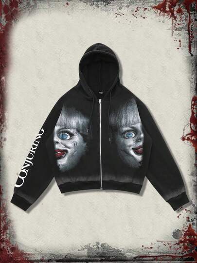The Conjuring X ROMWE Sudadera con capucha con cremallera y gráfico de figura para hombres, adecuada para otoño/invierno
