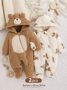 Cozy Pixies Newborn Baby Boy/Girl Cartoon 3D Bear Animal Pattern Fleece Lined Zip-Up Hoodie & Pants 2pcs Set Fall Winter