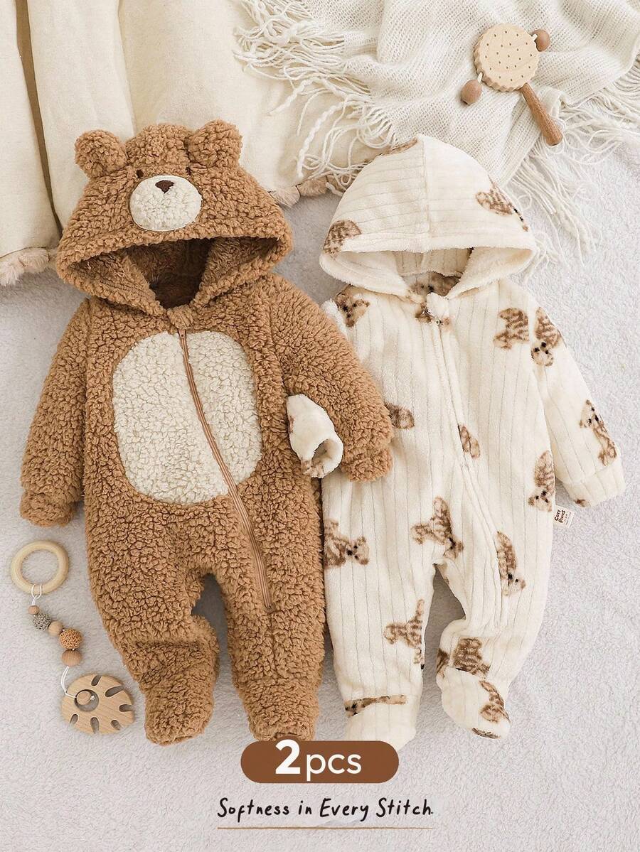 Cozy Pixies Newborn Baby Boy/Girl Cartoon 3D Bear Animal Pattern Fleece Lined Zip-Up Hoodie & Pants 2pcs Set Fall Winter