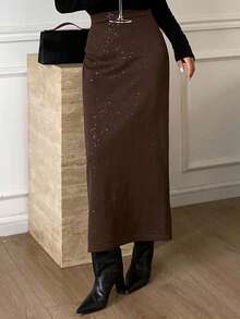 Livesso 女士宽松休闲商务亮片直筒半身裙，棕色，优雅百搭，适合婚礼、派对、秋冬季穿着。 - 棕色 - 查看 2