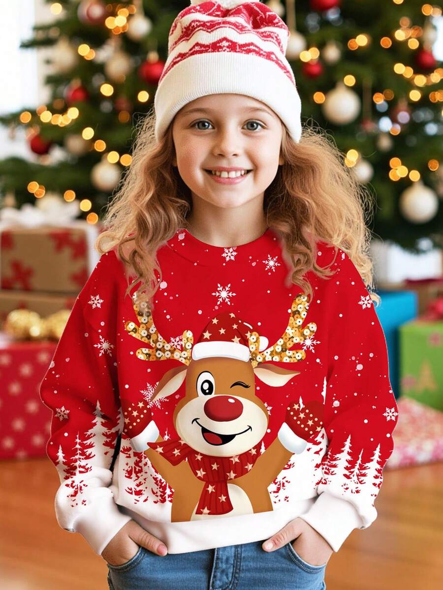 SHEIN Tween Mädchen Cartoon Weihnachtsren Muster Langarm Sweatshirt und Hose Set, Herbst Winter Kleidung für Tween Mädchen