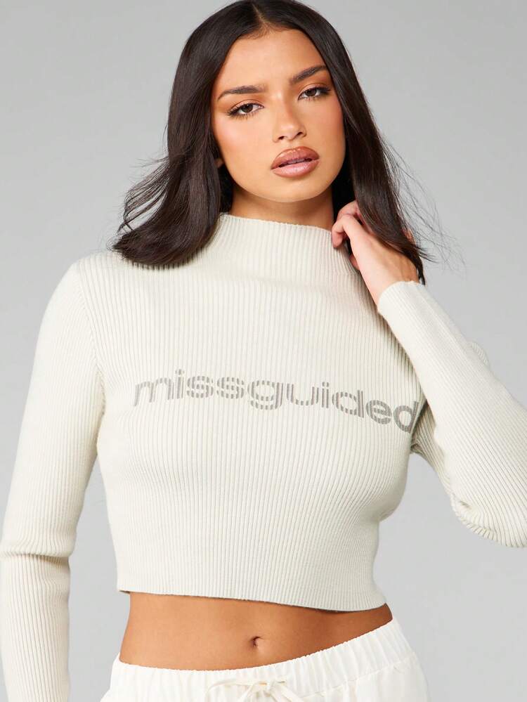 MISSGUIDED Ribbed Mock Neck Long Sleeve Crop Fitted Winter Knit Sweatshirt With Text Branding For Fall Essential Fashion Wardrobe
