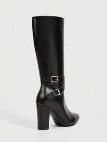 Daringsoles 女士时尚通勤黑色高跟过膝靴，金属扣装饰，侧拉链开合，尖头，粗跟，秋冬及膝靴 - 黑色 - 查看 6