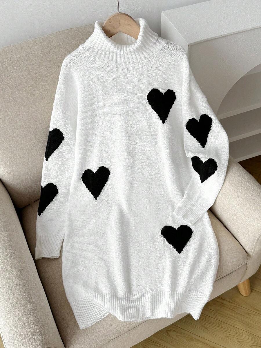 Tween Girl Heart Pattern High Neck Drop Shoulder Long Sleeve Casual Knit Dress,Black And White Cute Autumn Holiday Back-To-School Christmas Sweaters - Multicolor - View 1