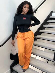 Alexandranx 女士直筒阔腿工装裤高腰抽绳宽松口袋休闲慢跑哈伦裤嬉皮朋克街头服饰 -C - 亮橙色 - 查看 1